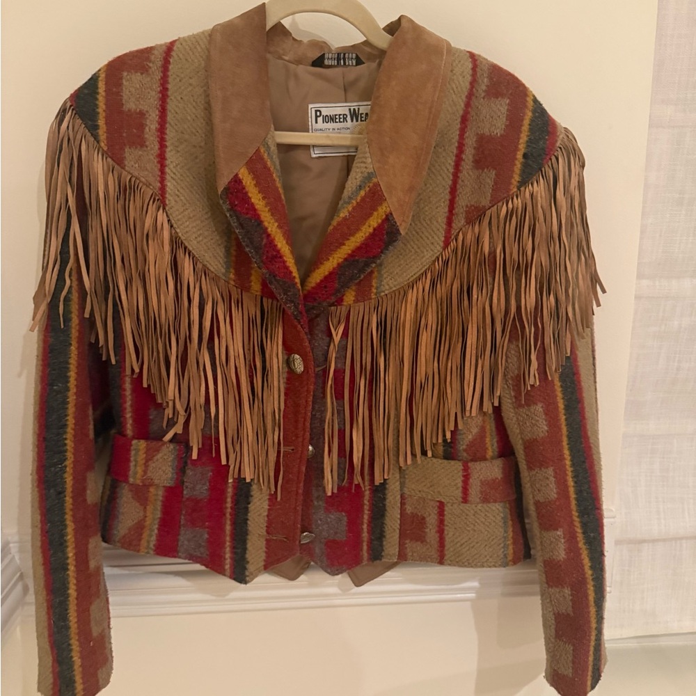 PIONEER Women's Southwestern Fringe Blazer - Red and Tan | fringe jacket